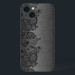 Metallsvart med svart Paisley Snöre<br><div class="desc">Black mörk grått metallisk design borstad aluminium med svart blommigt paisley snöre. Anpassade och valfritt monogram</div>