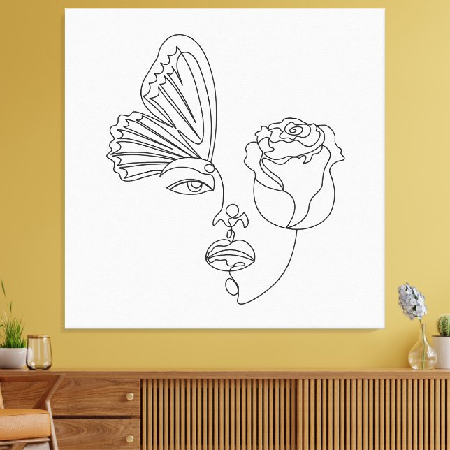 Metamorfos – Abstrakt fjäril & ros Linjekonst Canvastryck (Insitu (Vardagsrum))