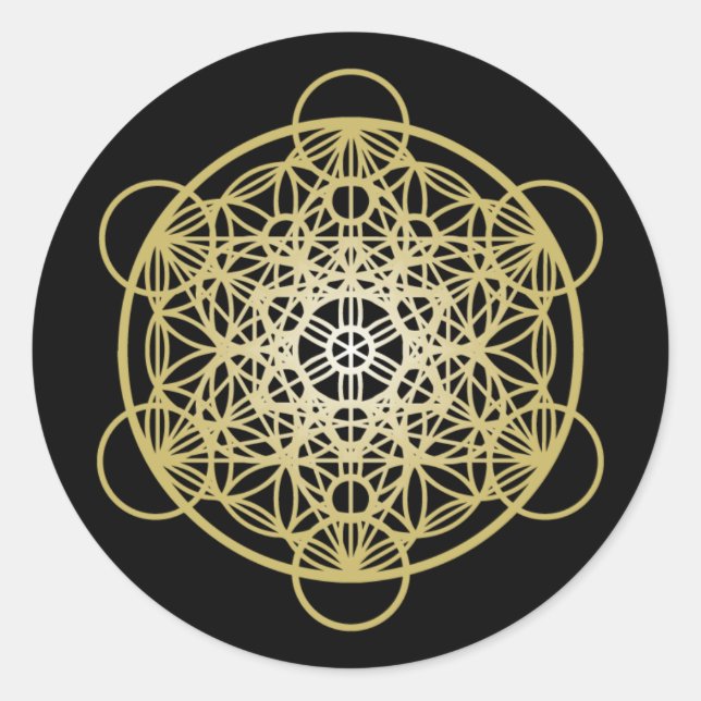 Metatron's Cube with Flower of Life - Guld Version Runt Klistermärke (Framsida)