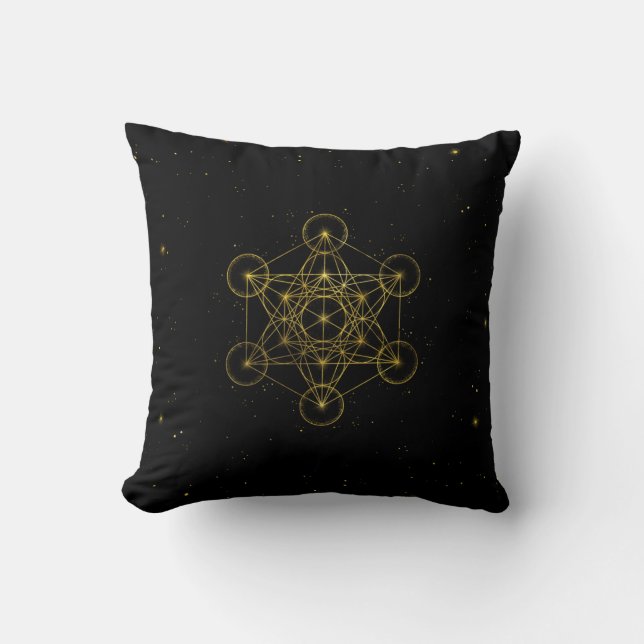 Metatrons kub Helig Geometry Black och guld Kudde (Framsida)