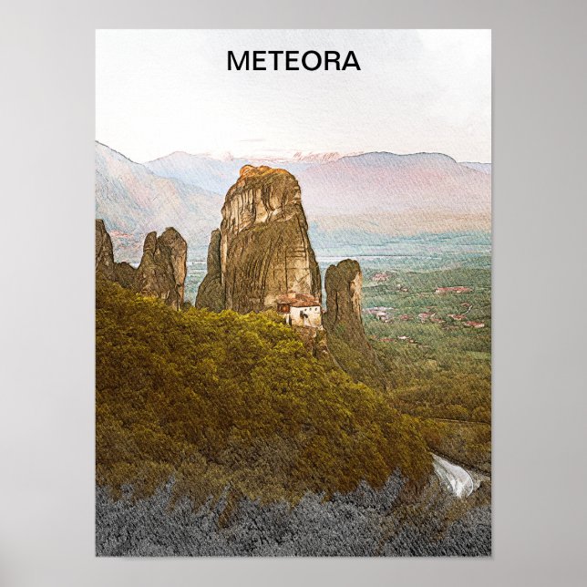 Meteora Greece Sten Mountains Travel Poster (Framsidan)
