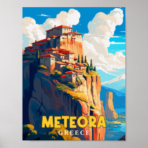 Meteora Greece vintage resor illustration Poster