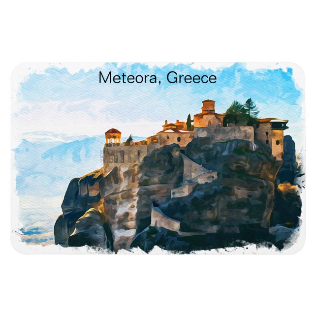 Meteora Greece Watercolor Travel Magnet (Horisontell)