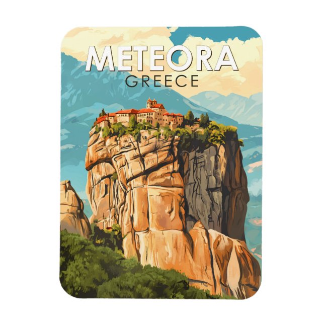 Meteora Grekland Illustration Resa Konst Vintage Magnet (Vertikal)