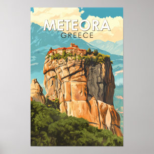 Meteora Grekland Illustration Resa Konst Vintage Poster