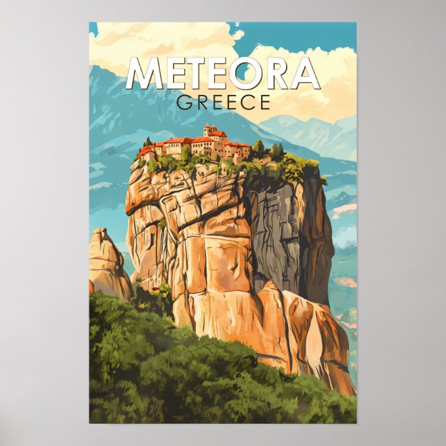 Meteora Grekland Illustration Resa Konst Vintage Poster (Framsidan)