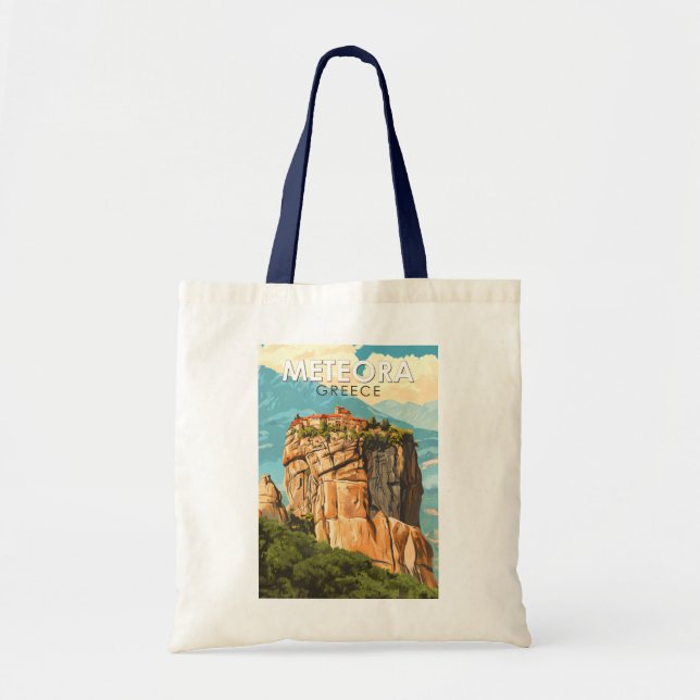 Meteora Grekland Illustration Resa Konst Vintage Tygkasse (Framsidan)
