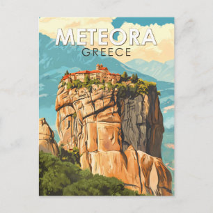 Meteora Grekland Illustration Resa Konst Vintage Vykort