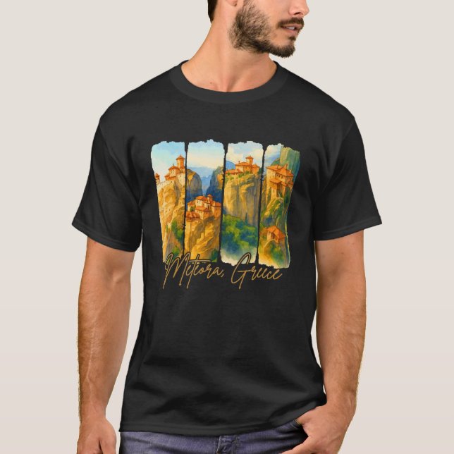 Meteora Grekland Resa Tripp Penseldrag Souvenir T Shirt (Framsida)