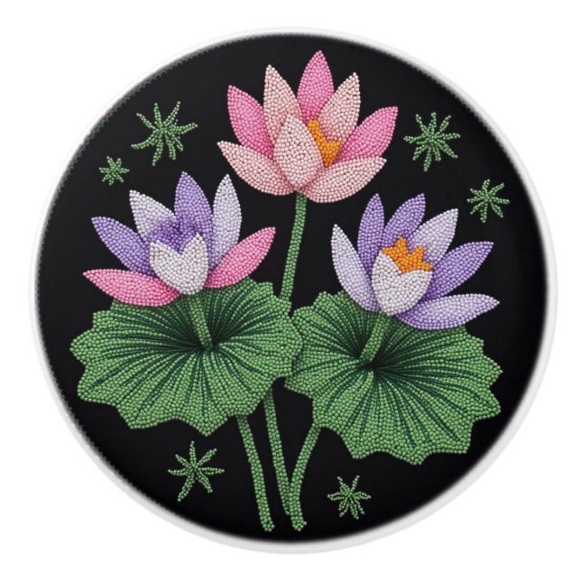 Metis Native Beadwork Blommigt Lotus Ceramic Knob Knopp (Framsidan)