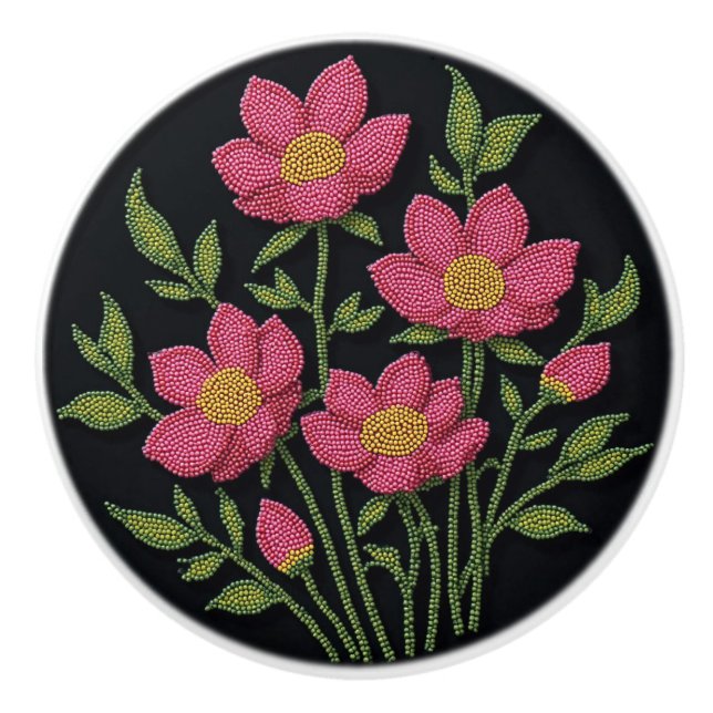 Metis Native Beadwork Cosmos Flowers Ceramic Knob Knopp (Framsidan)