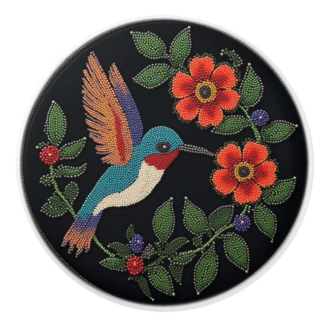 Metis Native Beadwork Hummingbird Ceramic Knob Knopp (Framsidan)