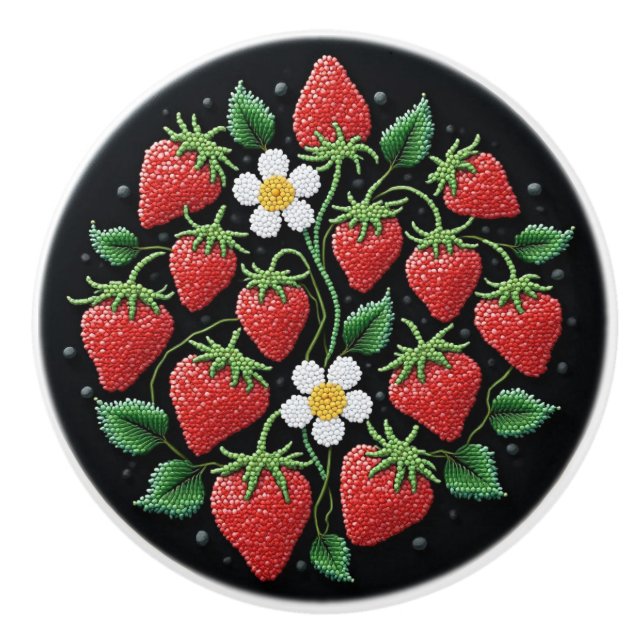 Metis Native Beadwork Strawbär Ceramic Knob Knopp (Framsidan)