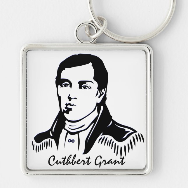 Metis Pride Keychain Metis Leader Cuthbert Grant Fyrkantig Silverfärgad Nyckelring (Framsidan)