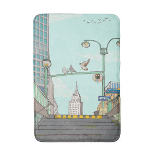 Metro Stop Manhattan NYC Whimsical Illustration Badrumsmatta