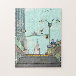Metro Stop Manhattan NYC Whimsical Illustration Pussel