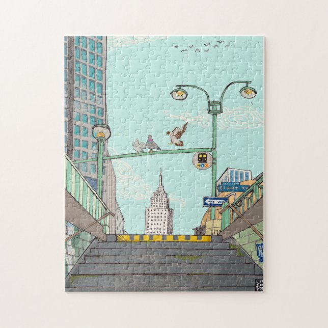 Metro Stop Manhattan NYC Whimsical Illustration Pussel (Vertikal)