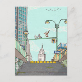 Metro Stop Manhattan NYC Whimsical Illustration Vykort