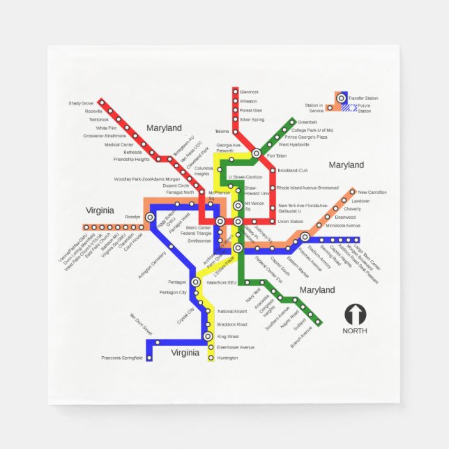 Metro Washington DC Tunnelbanan Karta Napkin Pappersservett (Framsidan)