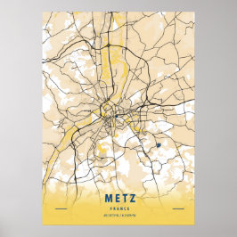 Metz - Frankrike Gult City Karta Poster