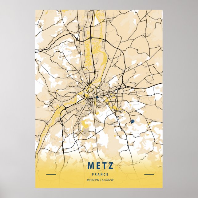 Metz - Frankrike Gult City Karta Poster (Framsidan)