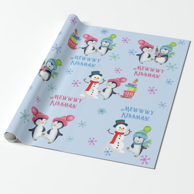 Mewwwy Kissmas Penguins Snögubbar och Snöflingor Presentpapper (Utrullad)