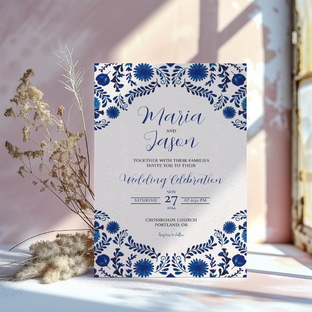 Mexican Blue Floral Aesthetic Botanical Wedding Inbjudningar (Mexican Blue Floral Aesthetic Botanical Wedding Invitation)