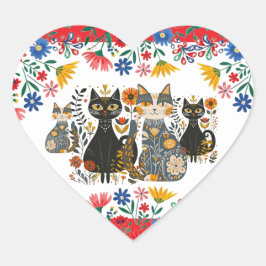 Mexican Cats and Flowers, Hjärtformat Klistermärke