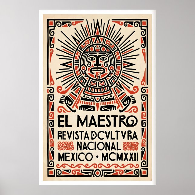 Mexican Culture Poster Stylized Aztec Face - Red (Framsidan)