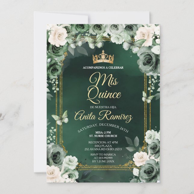 Mexican Emerald Grönt & Ivory White Quinceañera Inbjudningar (Framsida)