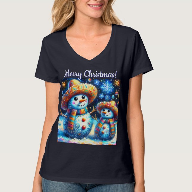 Mexican Folk Art Snowmen Snowman Personalized T Shirt (Framsida)