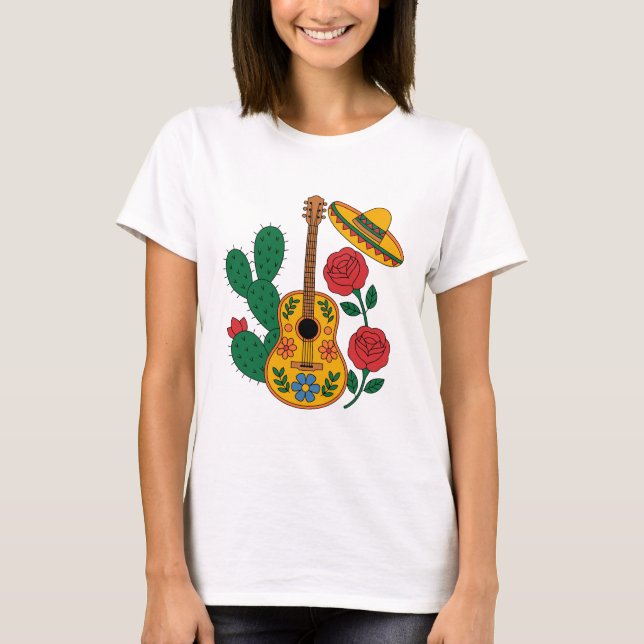 Mexican Guitar Sombrero and Cactus Fiesta Design T Shirt (Framsida)