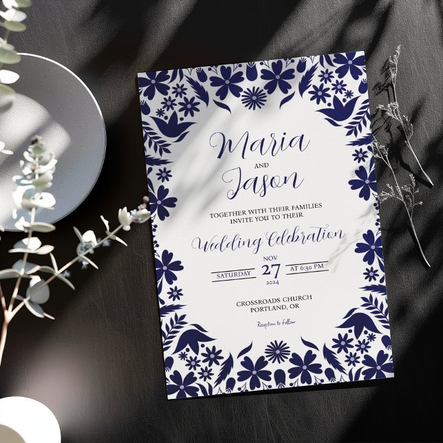 Mexican Navy Blue Floral Classic Aesthetic Wedding Inbjudningar (Mexican Navy Blue Floral Classic Aesthetic Wedding Invitation)