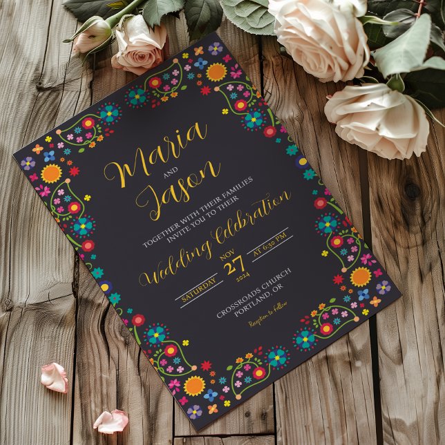 Mexican Navy Floral Aesthetic Folk Art Wedding Inbjudningar (Mexican Navy Floral Aesthetic Folk Art Wedding Invitation)