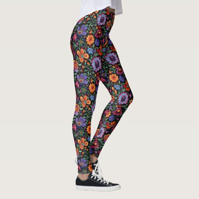 Mexican Otomi Folk Floral Colorful Leggings (Höger)