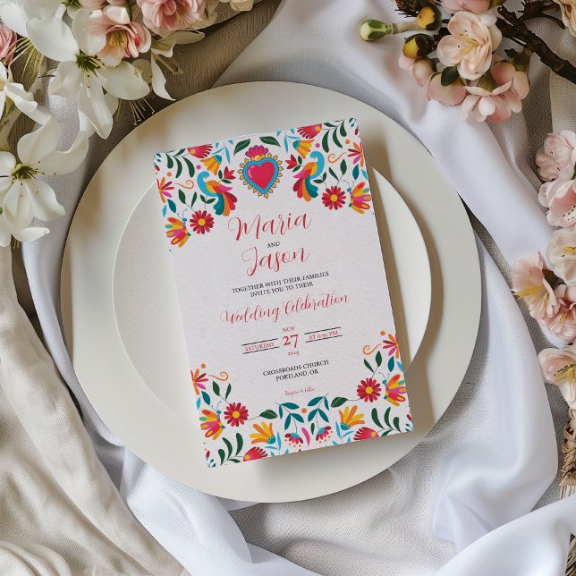 Mexican Otomi Tenangos Floral Colorful Wedding Inbjudningar (Mexican Otomi Tenangos Floral Colorful Wedding Invitation)