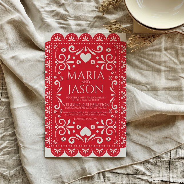 Mexican Papel Picado Red White Folk Art Wedding Inbjudningar (Mexican Papel Picado Red White Folk Art Wedding Invitation)