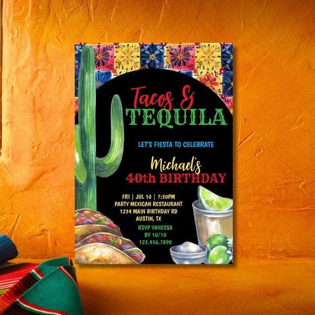 Mexican Party Fiesta Tacos & Tequila 40th Birthday Inbjudningar (Skapare uppladdad)