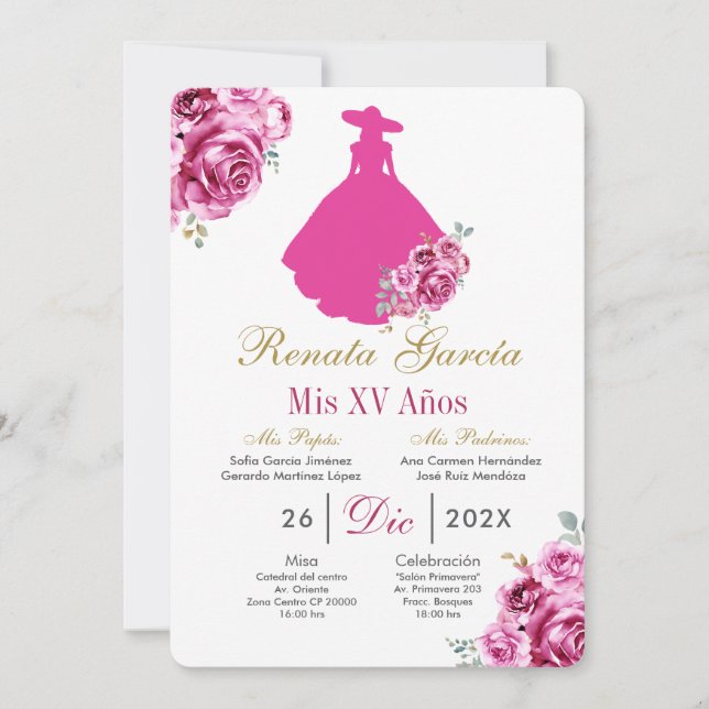 Mexican Pink Escaramuza Quinceanera Invitation Inbjudningar (Framsida)