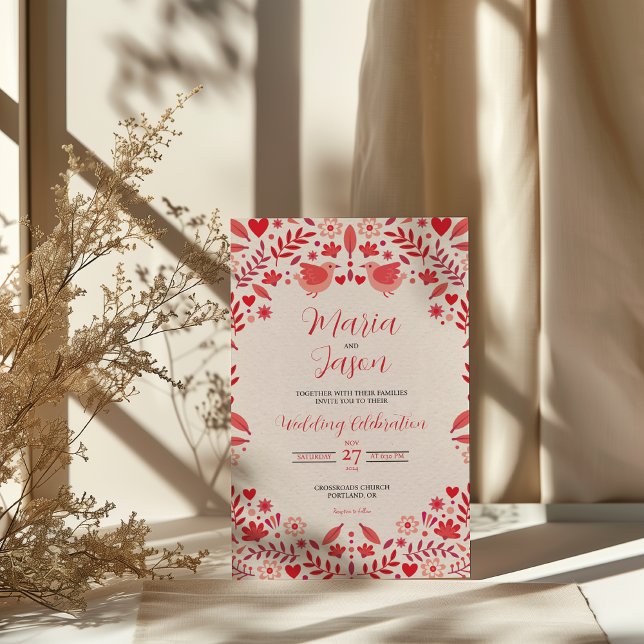 Mexican Pink Red Floral Elegant Aesthetic Wedding Inbjudningar (Mexican Pink Red Floral Elegant Aesthetic Wedding Invitation)
