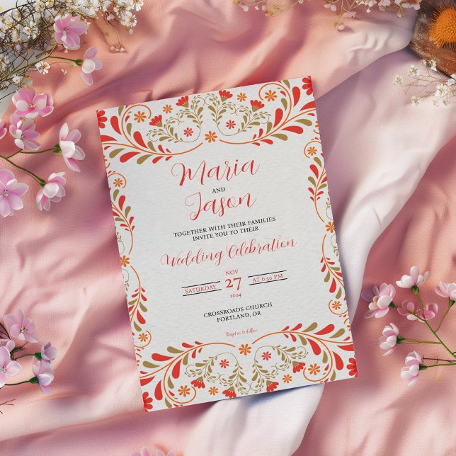 Mexican Red Orange Gold Floral Elegant Wedding Inbjudningar (Mexican Red Orange Gold Floral Elegant Wedding Invitation)