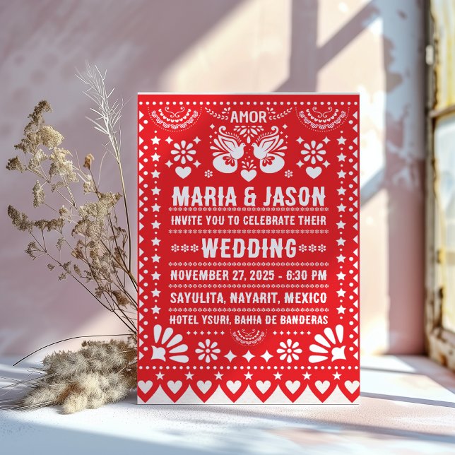 Mexican Red Papel Picado Fiesta Folk Art Wedding Inbjudningar (Mexican Red Papel Picado Fiesta Folk Art Wedding Invitation)