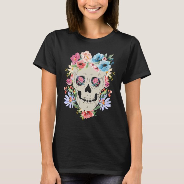 Mexican Skull with Flowers for the Day of the Dead T Shirt (Framsida)