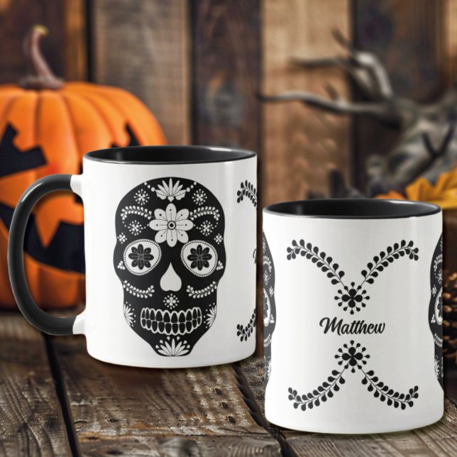Mexican Sugar Skull 2 Svart Och Vitt Med Namn Mugg (Skapare uppladdad)
