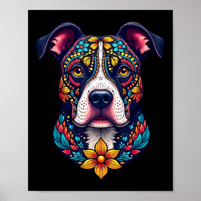 Mexican Sugar Skull Pitbull Dog Dia De Muertos Hal Poster (Framsidan)