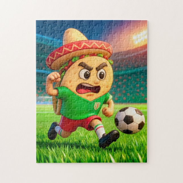 Mexican taco soccer player running across stadium pussel (Vertikal)