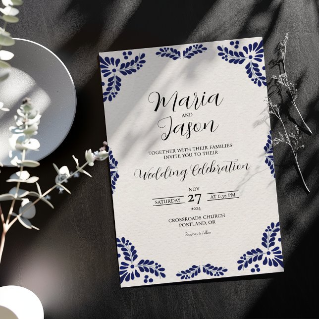 Mexican Talavera Black Floral Minimalist Wedding Inbjudningar (Mexican Talavera Black Floral Minimalist Wedding Invitation)