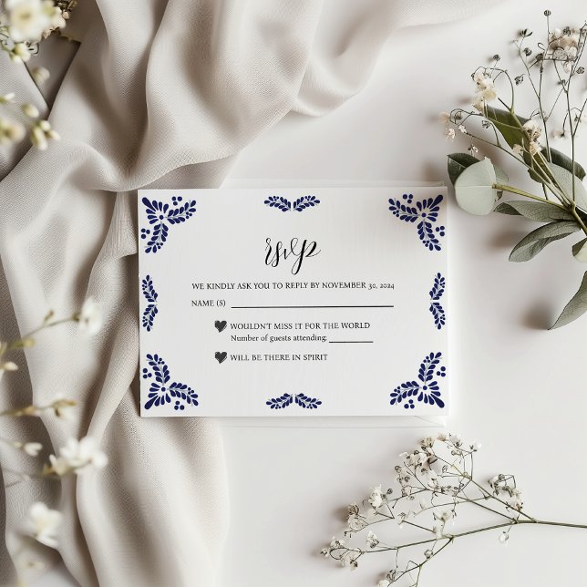 Mexican Talavera Black Floral Minimalist Wedding OSA Kort (Mexican Talavera Black Floral Minimalist Wedding RSVP Card)