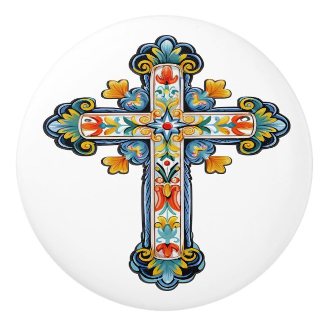 Mexican Talavera Cross Ceramic Knob Knopp (Framsidan)