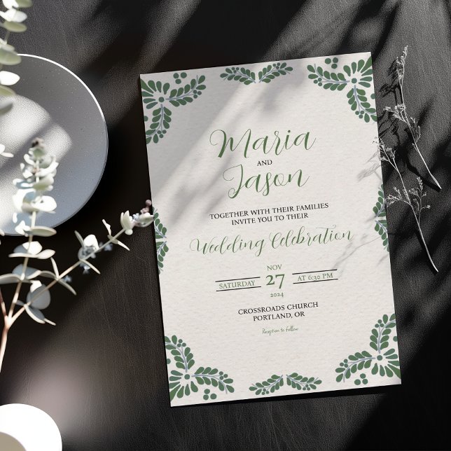 Mexican Talavera Green Floral Minimalist Wedding Inbjudningar (Mexican Talavera Green Floral Minimalist Wedding Invitation)